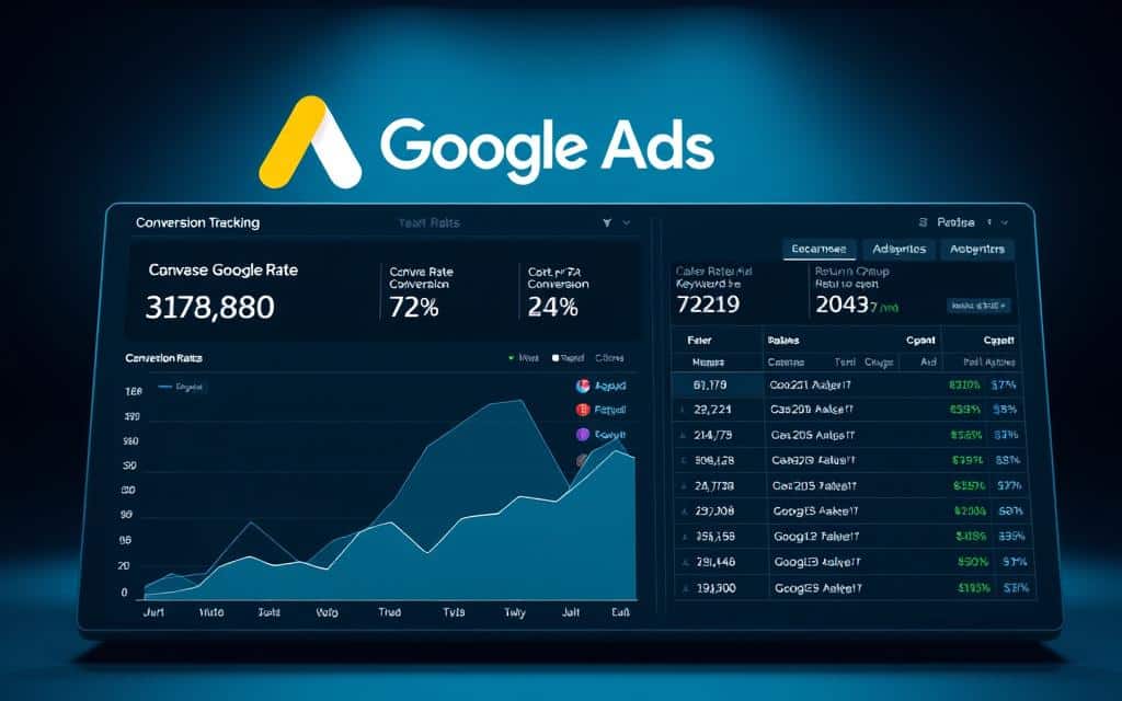 A sleek, modern data dashboard displaying comprehensive Google Ads conversion tracking metrics. In the foreground, a minimalist graph charts the campaign's conversion rate, cost-per-conversion, and return-on-ad-spend. In the middle ground, detailed tables show the performance of individual ad groups and keywords. The background features a stylized Google Ads logo and subtle grid lines, creating a sense of analytical precision. The overall scene is bathed in cool, neutral lighting, conveying a professional, data-driven atmosphere. The composition is balanced and visually appealing, making it an ideal illustration for the article's section on the value of conversion tracking.
