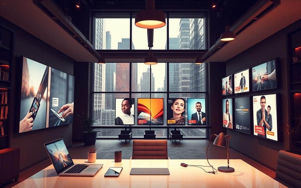 A sleek, modern office space showcasing an array of high-quality display ad creatives. Crisp, backlit screens display vibrant, visually engaging advertisements that capture the viewer's attention. The foreground features a clean, minimalist desk with a laptop, tablet, and stylish accessories, hinting at the digital tools used to craft these designs. In the middle ground, rows of framed display ads hang on the walls, each reflecting the latest best practices in typography, imagery, and color palette. The background reveals floor-to-ceiling windows overlooking a bustling cityscape, suggesting the real-world impact of these meticulously crafted digital ads. Warm, directional lighting casts a professional, polished atmosphere, underscoring the high-quality nature of the creative assets.