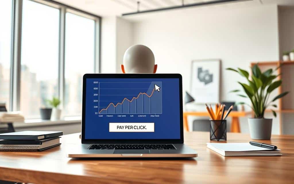 A vibrant and detailed illustration of a CPC advertising model, showcasing a business graph on a laptop screen, with a cursor hovering over a "Pay Per Click" button. The scene is set in a modern, minimalist office environment, with clean lines, neutral tones, and abundant natural lighting from large windows. The laptop is placed on a sleek, wooden desk, surrounded by office supplies and a potted plant, creating a professional and productive atmosphere. The model's face is not visible, allowing the focus to remain on the core subject matter. The overall composition conveys a sense of efficiency, data-driven decision-making, and the fundamental principles of CPC advertising.