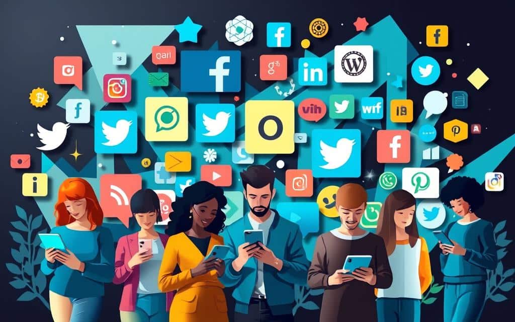 A vibrant collage of social media icons and logos, arranged artfully against a backdrop of sleek, modern shapes and patterns. In the foreground, a group of diverse, stylized human figures engage with various digital devices, their expressions conveying a sense of connection and interaction. The lighting is soft and diffused, creating a sense of depth and dimension. The overall composition evokes the dynamic, ever-evolving nature of social media and the strategies businesses employ to build brand awareness in the digital age.