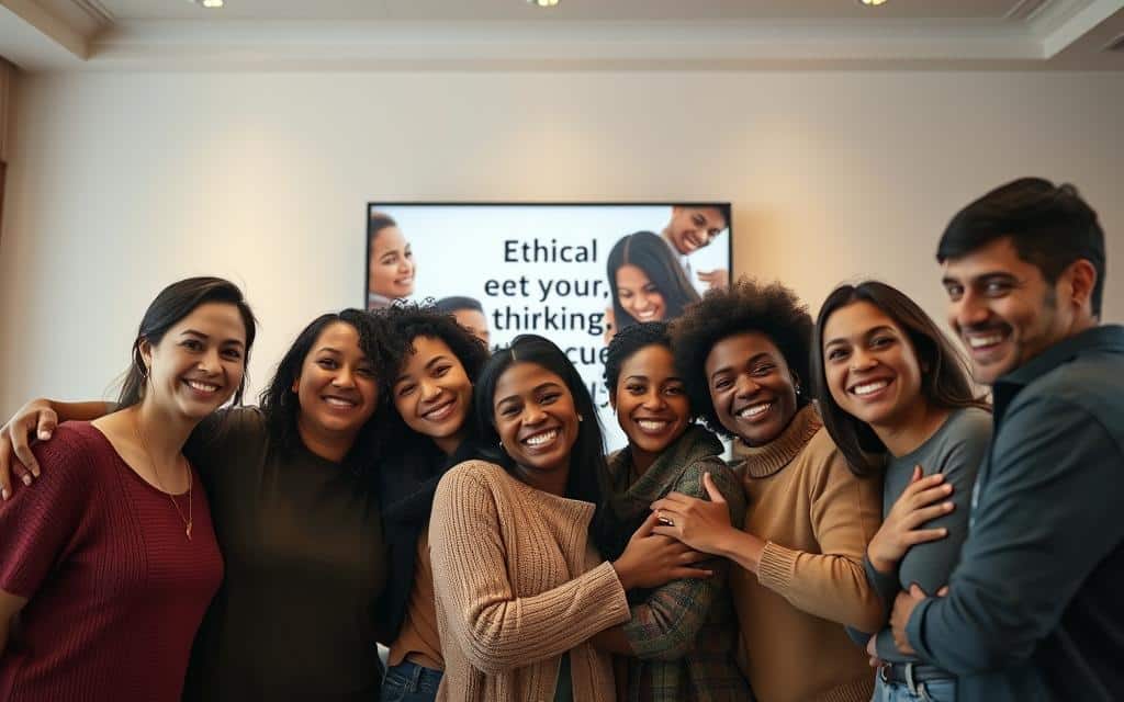 A warm, welcoming scene showcasing ethical emotional advertising. In the foreground, a group of diverse individuals smile and embrace, their expressions conveying genuine joy and connection. The middle ground features a sleek, minimalist advertising display, its visuals and messaging eliciting a sense of inclusivity and empowerment. The background is softly lit, with a subtle yet impactful color palette that enhances the overall mood. The lighting is natural and evenly distributed, creating a sense of balance and harmony. The camera angle is slightly elevated, allowing the viewer to observe the scene from a perspective of understanding and appreciation. The overall atmosphere is one of positivity, compassion, and a deep respect for the human experience.