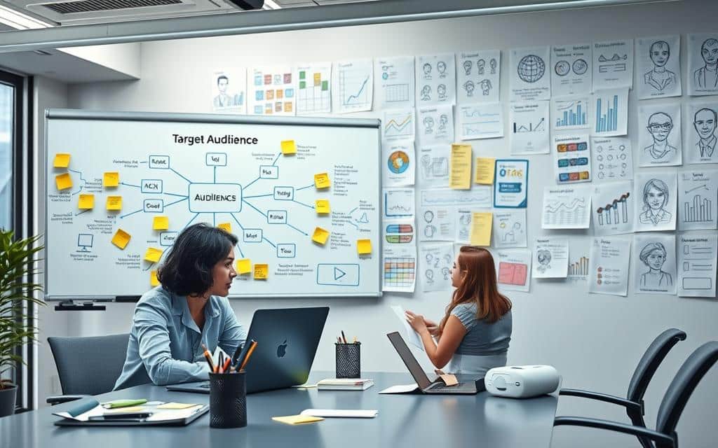 A well-lit office setting with a whiteboard displaying a mind map of target audience identification strategies. In the foreground, a business person analyzing customer data on a laptop, surrounded by sticky notes and a pen cup. The middle ground features a brainstorming session, with colleagues discussing demographic insights and market trends. The background showcases an array of analytic charts and customer persona sketches pinned to the walls, conveying a sense of focused, data-driven decision-making. The overall mood is one of organized, collaborative exploration, with a touch of thoughtful contemplation.