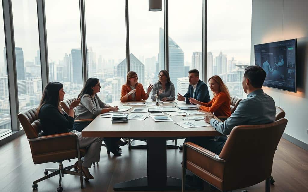 A bright, airy conference room with floor-to-ceiling windows overlooking a bustling city skyline. A long wooden table surrounded by plush leather chairs, where a group of advertising professionals engaged in a lively discussion, gesturing enthusiastically and examining mood boards and sketches. Subtle ambient lighting casts a warm glow, complemented by the soft hum of a wall-mounted touchscreen display. The room exudes a sense of creativity and collaborative energy, reflecting the dynamic nature of an advertising creative director's typical workday.