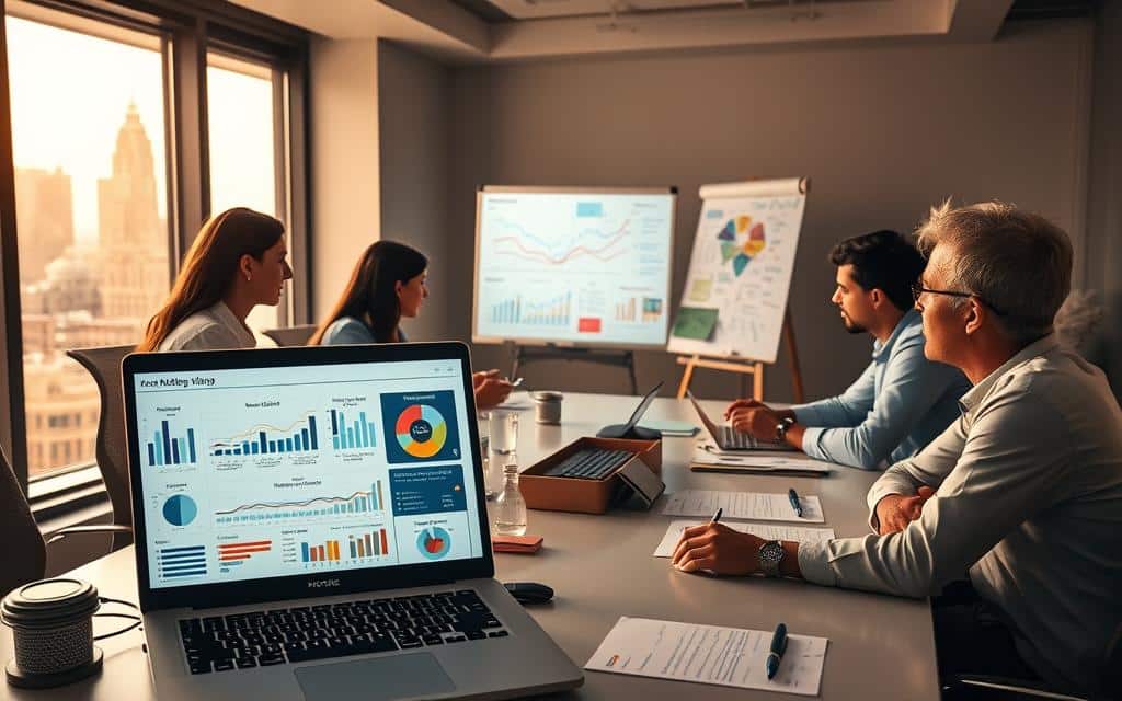A bustling office setting, with a team of media buyers gathered around a large conference table, intently analyzing data and charts projected on a screen. The lighting is a warm, soft glow, creating a sense of focus and collaboration. In the foreground, a laptop displays a meticulously organized media buying workflow, complete with campaign timelines, budget allocations, and audience targeting metrics. The middle ground features a whiteboard covered in colorful notes and diagrams, reflecting the iterative nature of the media buying process. In the background, a window offers a glimpse of the city skyline, hinting at the broader market context informing the team's decisions. An atmosphere of professionalism and strategic decision-making pervades the scene.