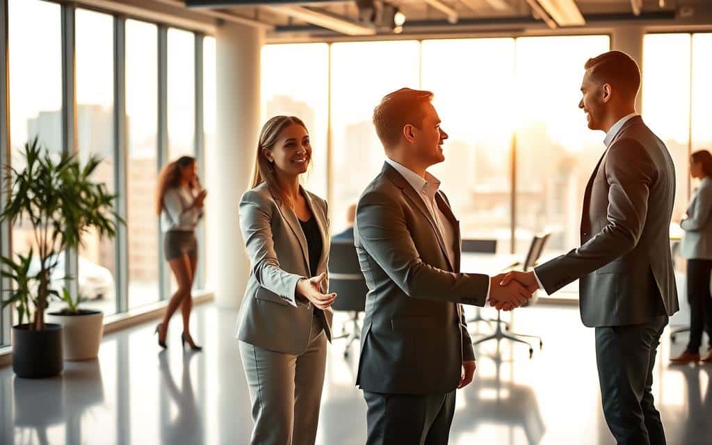 A bustling office setting with successful professionals in a modern, minimalist workspace. In the foreground, two business people shake hands in a confident, friendly manner, conveying a sense of achievement and collaboration. The middle ground features a team of colleagues gathered around a conference table, engaged in a productive meeting. The background showcases sleek, floor-to-ceiling windows overlooking a cityscape, bathed in warm, natural lighting. The overall atmosphere exudes professionalism, progress, and the confident energy of a thriving B2B enterprise.