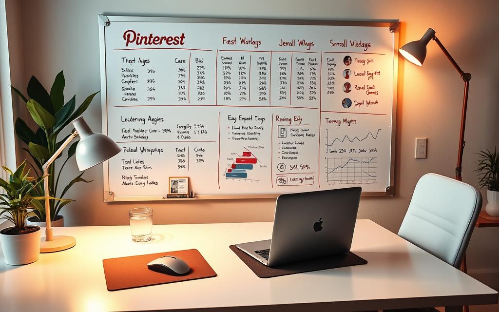 A cozy home office setup, with a sleek white desk and a neatly organized workspace. On the desk, a laptop and a stylish mouse pad, along with a glass of water and a potted plant, creating a serene and productive atmosphere. In the background, a large whiteboard displays various budgets, bids, and analytics related to a Pinterest advertising campaign, all illuminated by warm, diffused lighting from a floor lamp. The scene conveys a sense of focus, efficiency, and a deep understanding of the intricacies of managing a successful Pinterest advertising strategy for a small business.