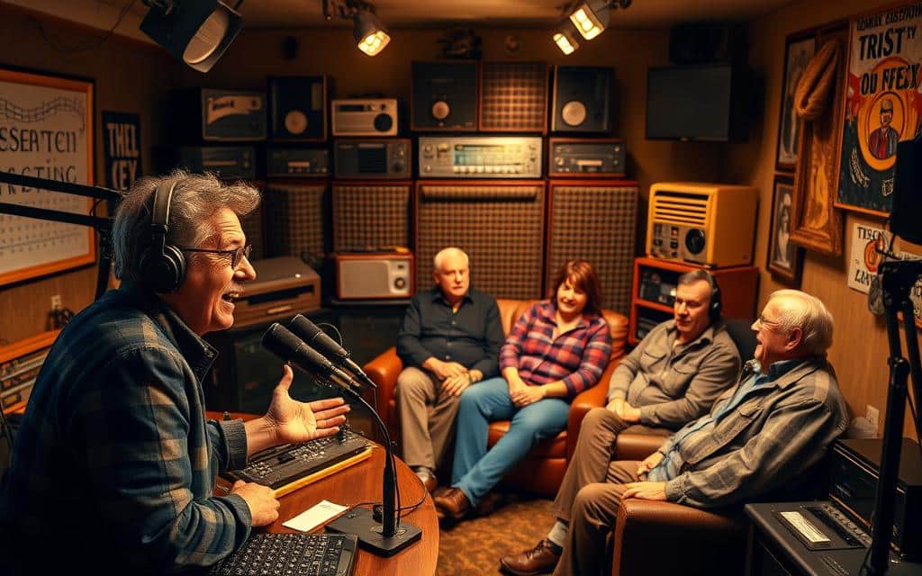 A cozy radio studio bathed in warm, golden lighting. In the foreground, a charismatic radio host gesturing animatedly, surrounded by an assortment of professional-grade microphones, headphones, and mixing equipment. In the middle ground, several well-known local personalities seated comfortably, engaged in a lively discussion. Behind them, an array of vintage radio transmitters and sound-absorbing panels create an authentic, vintage atmosphere. The overall mood is one of trust, credibility, and a sense of community, reflecting the power of local radio endorsements to connect with listeners.