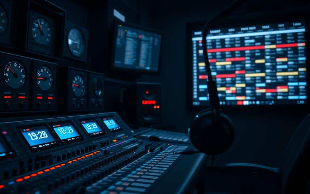 A dimly lit radio studio, the muted glow of LED displays casting a soft light across a sleek, modern control board. In the foreground, rows of knobs and sliders control the ebb and flow of audio levels, while a pair of professional-grade headphones hang ready for the host's cue. The middle ground features an array of digital clocks, their faces displaying time zones and countdown timers, coordinating the intricate dance of on-air talent and pre-recorded segments. In the background, a large wall-mounted monitor displays a detailed program schedule, its grid of color-coded blocks mapping out the station's programming for the day. The overall atmosphere is one of focused intensity, a well-oiled machine ready to deliver a seamless audio experience to its listeners.