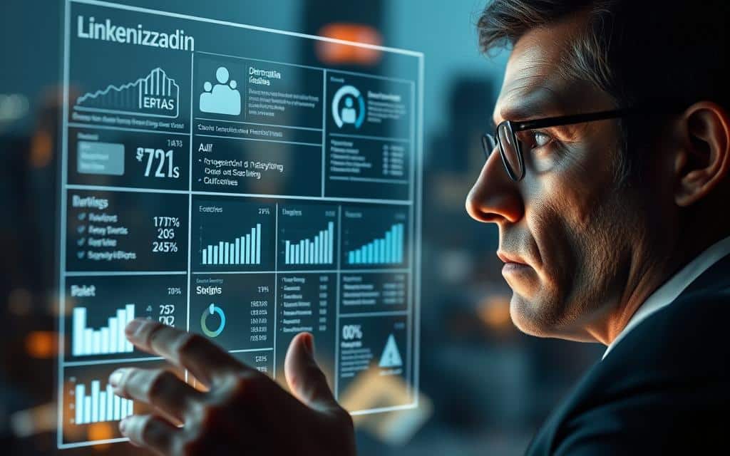 A focused and strategic business executive peers intently at a holographic display, analyzing detailed data points and demographic insights on a diverse set of potential LinkedIn users. Subtle lighting accentuates the concentration on their face, the glow of the screen casting an intense, analytical atmosphere. In the background, a blurred cityscape represents the broader landscape of the professional world, emphasizing the targeted, laser-focused nature of this market research. Clean, minimalist design elements convey a sense of precision and clarity, reflecting the thoughtful approach to identifying the right audience.