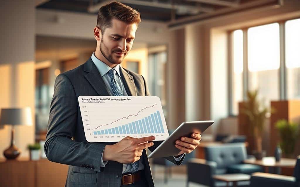 A high-quality, photorealistic image of a business professional standing in a sleek, modern office environment, dressed in a well-tailored suit, holding a tablet device and examining a detailed chart or graph depicting salary trends and career growth projections for a digital marketing specialist role in the United States. The scene is illuminated by warm, directional lighting from large windows, casting soft shadows and highlights on the subject's features. The background features tasteful office decor, suggesting an atmosphere of success and professionalism. The overall mood conveys a sense of confidence, stability, and data-driven career planning.