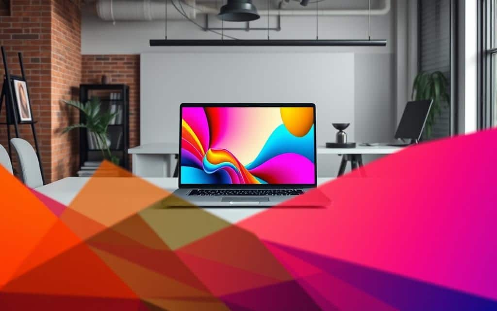 A meticulously crafted, visually striking composition showcasing a captivating, on-brand design concept. In the foreground, a series of dynamic geometric shapes and vibrant, complementary color palettes intertwine, creating a sense of depth and visual interest. The middle ground features a sleek, minimalist laptop display showcasing the design in action, with a soft, diffused lighting highlighting the screen's details. In the background, a clean, modern workspace setting with subtle hints of industrial elements, such as exposed brick walls and metal accents, provides a sophisticated and professional backdrop. The overall mood is one of sophistication, creativity, and attention to detail, perfectly encapsulating the essence of an advertising agency's portfolio.