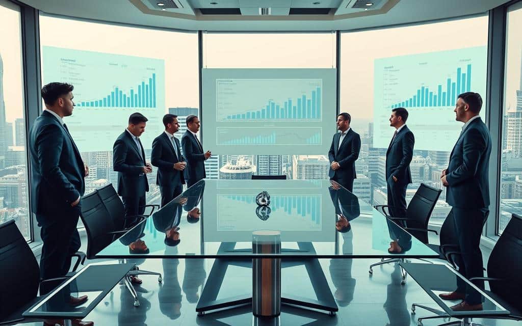 A modern office setting with a sleek glass conference table at the center. Financiers in tailored suits stand around, discussing charts and graphs projected on the walls. Overhead, soft lighting casts a professional glow, while floor-to-ceiling windows provide a city skyline backdrop. The atmosphere is one of calculated, strategic decision-making as the team deliberates the agency's pricing model - a crucial component of their advertising services. The scene conveys a sense of authority, expertise, and a thoughtful approach to structuring client offerings.