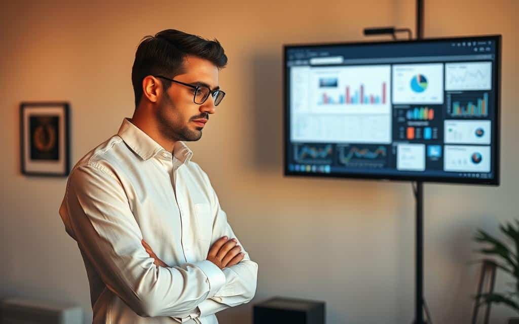 A professional, well-dressed media buyer standing in a modern, minimalist office setting. The buyer is intently focused, studying various media plans and data analytics displayed on a large computer screen. Warm, directional lighting illuminates the buyer's face, conveying a sense of determination and deep contemplation. The background is clean and uncluttered, with a few subtle design elements like a framed company logo or award on the wall, establishing a corporate, yet creative atmosphere. The overall mood is one of calculated precision, strategic thinking, and the pursuit of effective media placement.