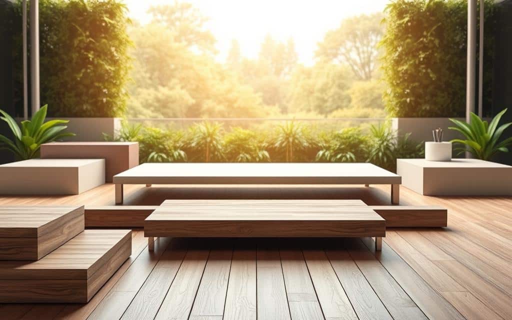 A serene, well-lit scene of various platforms arranged in a visually appealing manner. In the foreground, a set of wooden platforms of varying heights create a sense of depth and layering. The middle ground features sleek, modern metal platforms with clean lines and a minimalist design. In the background, lush greenery and a warm, diffused lighting create a calm, inviting atmosphere. The overall composition is balanced and visually striking, conveying a sense of order and structure that would be suitable for a professional marketplace or directory.