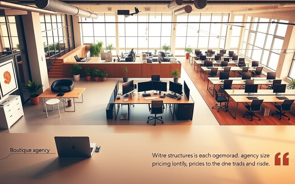 A sleek, modern office interior with three distinct workspaces representing different agency sizes. In the foreground, a small, minimalist setup with a laptop and simple decor, conveying a boutique agency feel. The middle ground features a mid-sized workspace with multiple desks, monitors, and collaborative spaces. In the background, a large, open-plan office with rows of desks, conference rooms, and a bustling atmosphere, representing a large-scale agency. Warm, natural lighting filters through large windows, creating a professional and inviting atmosphere. The layout and furnishings subtly hint at the pricing structures tailored to each agency size.