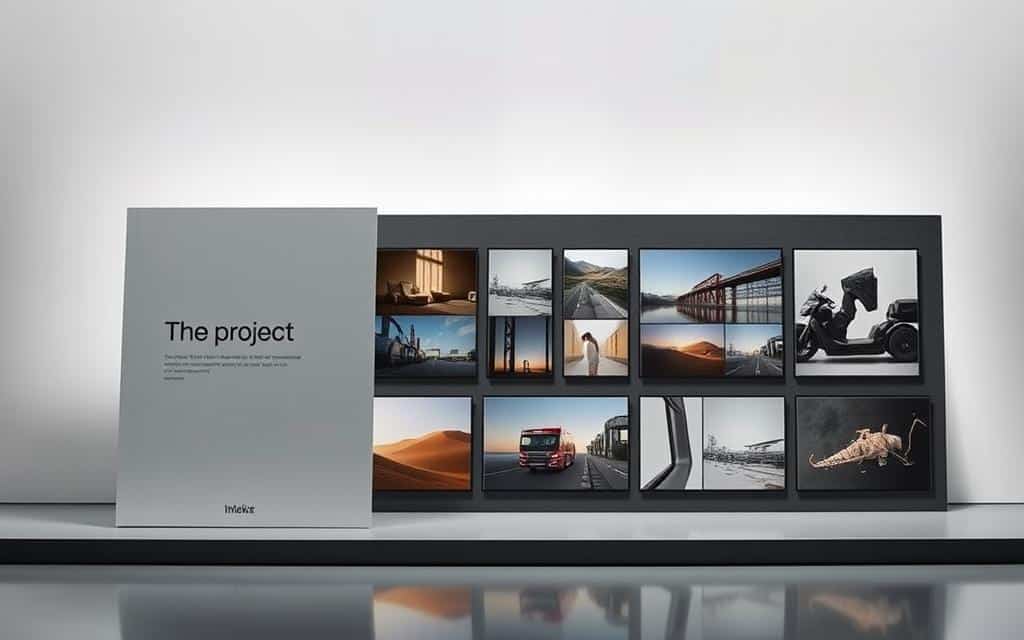 A sleek, modern portfolio design with a clean, professional layout. The foreground features a minimalist cover page with a bold, eye-catching title in a sans-serif font. The middle ground showcases a series of carefully curated project images, each framed with a subtle drop shadow to create depth and focus. In the background, a muted gradient or subtle pattern provides a sophisticated, understated backdrop, complementing the overall aesthetic. The lighting is soft and directional, creating a sense of depth and dimension. The overall mood is one of elegance, simplicity, and a strong emphasis on showcasing the portfolio's contents. The angle is slightly elevated, giving the viewer a sense of confidence and professionalism.