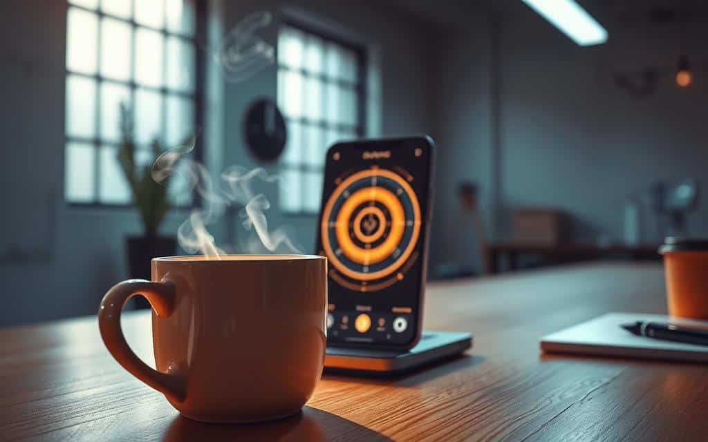 A vibrant, high-contrast scene of a morning coffee ritual, captured through the lens of a radar screen. The foreground features a steaming mug of freshly brewed coffee, its aroma wafting through the air, surrounded by a soft, warm glow. In the middle ground, a smartphone displays a dynamic, pulsing radar visualization, reflecting the rhythmic tempo of the day ahead. The background showcases a minimalist, industrial-chic workspace, with clean lines and a subtle play of light and shadow. The overall mood is one of focus, productivity, and a sense of creative anticipation, setting the stage for the advertising creative director's morning routine.