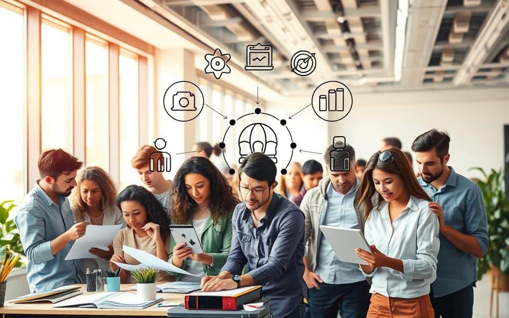 A vibrant illustration of essential skills for a career in advertising, captured in a dynamic composition. In the foreground, a diverse group of people engaged in various creative tasks - sketching, brainstorming, crafting digital designs. Their expressions convey focus, collaboration, and a sense of purpose. In the middle ground, symbolic icons representing key advertising skills such as communication, problem-solving, adaptability, and storytelling. The background features a sleek, modern office setting with large windows, allowing natural light to bathe the scene in a warm, professional glow. The overall atmosphere exudes energy, innovation, and the thrill of an industry where ideas take shape and transform brands.
