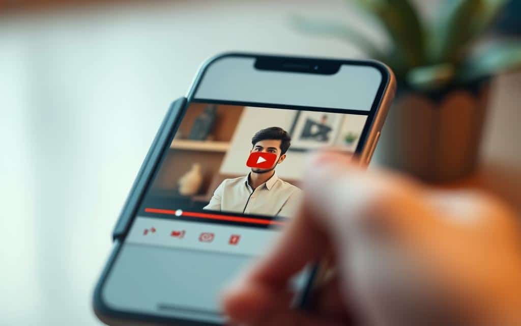 A close-up view of a professional-quality YouTube video thumbnail on a smartphone screen, featuring a vibrant, minimalist design with a clean, eye-catching layout. The main subject, likely a person or product, is positioned prominently in the center, surrounded by subtle background elements that complement the overall aesthetic. The lighting is soft and diffused, creating a warm, inviting atmosphere. The composition is balanced and visually striking, with a depth of field that draws the viewer's attention to the central focus. The color palette is muted and sophisticated, with a combination of earthy tones and vibrant accents that convey a sense of professionalism and digital savvy.