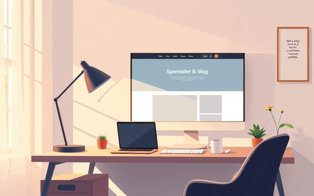 A cozy home office setup with a sleek, minimalist desk and a large, high-resolution monitor displaying a simple blog homepage. Soft, warm lighting from a floor lamp and natural sunlight streaming in through a nearby window create a serene, inviting atmosphere. The desktop is clutter-free, with only a stylish laptop, a small potted plant, and a mug of coffee. The walls are adorned with simple, inspirational wall art. The overall composition emphasizes focus, productivity, and a sense of calm, reflecting the "Start a blog that solves customer problems" section of the article. A cozy home office setup with a sleek, minimalist desk and a large, high-resolution monitor displaying a simple blog homepage. Soft, warm lighting from a floor lamp and natural sunlight streaming in through a nearby window create a serene, inviting atmosphere. The desktop is clutter-free, with only a stylish laptop, a small potted plant, and a mug of coffee. The walls are adorned with simple, inspirational wall art. The overall composition emphasizes focus, productivity, and a sense of calm, reflecting the "Start a blog that solves customer problems" section of the article.