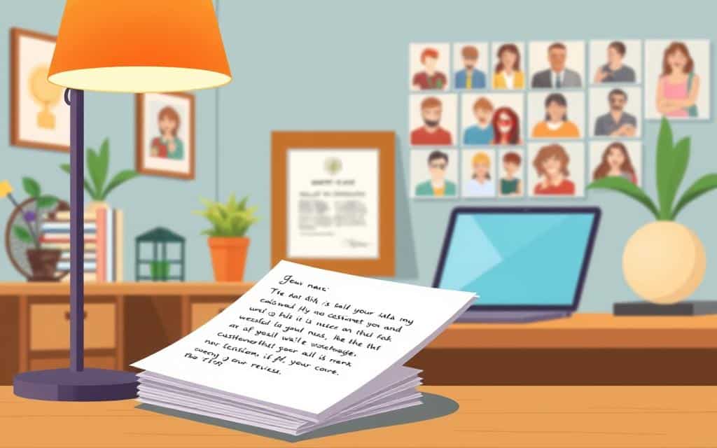 A cozy, inviting office space with a wooden desk, a laptop, and a stack of handwritten customer reviews. In the foreground, a warm-toned lamp casts a soft glow, illuminating the testimonials. The middle ground features a framed certificate or award, symbolizing the business's achievements. In the background, a gallery wall showcases a collage of customer photos and smiling faces, creating a sense of community and trust. The overall atmosphere is one of professionalism, authenticity, and customer satisfaction. A cozy, inviting office space with a wooden desk, a laptop, and a stack of handwritten customer reviews. In the foreground, a warm-toned lamp casts a soft glow, illuminating the testimonials. The middle ground features a framed certificate or award, symbolizing the business's achievements. In the background, a gallery wall showcases a collage of customer photos and smiling faces, creating a sense of community and trust. The overall atmosphere is one of professionalism, authenticity, and customer satisfaction.