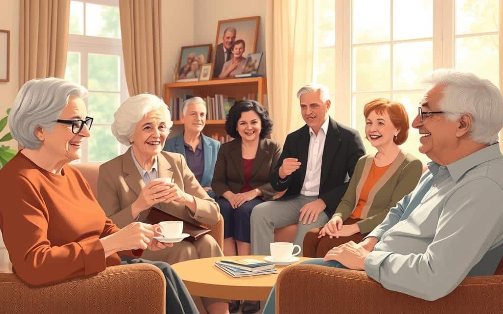 A group of well-dressed, mature adults gathered in a cozy, sun-dappled living room. Their warm, engaged expressions convey a sense of community and shared experiences. Soft, natural lighting filters through large windows, casting a serene glow. The decor evokes a comfortable, nostalgic atmosphere, with subtle nods to the era. In the foreground, a couple enjoys a cup of coffee while animatedly discussing something. In the middle ground, friends laugh and converse, gesturing with their hands. In the background, a bookshelf and framed family photos suggest a lifetime of memories. An overall mood of contentment, wisdom, and a reverence for the past. A group of well-dressed, mature adults gathered in a cozy, sun-dappled living room. Their warm, engaged expressions convey a sense of community and shared experiences. Soft, natural lighting filters through large windows, casting a serene glow. The decor evokes a comfortable, nostalgic atmosphere, with subtle nods to the era. In the foreground, a couple enjoys a cup of coffee while animatedly discussing something. In the middle ground, friends laugh and converse, gesturing with their hands. In the background, a bookshelf and framed family photos suggest a lifetime of memories. An overall mood of contentment, wisdom, and a reverence for the past.
