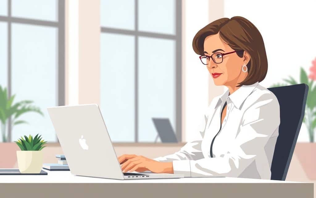 A middle-aged, professional-looking woman sitting at a desk, focusing intently on a laptop screen. The office is well-lit with natural light filtering in through large windows, creating a warm, inviting atmosphere. The woman's expression is one of thoughtful concentration, as she considers her next steps in developing her small business's marketing strategy. The background is clean and uncluttered, allowing the subject to remain the clear focal point of the image.