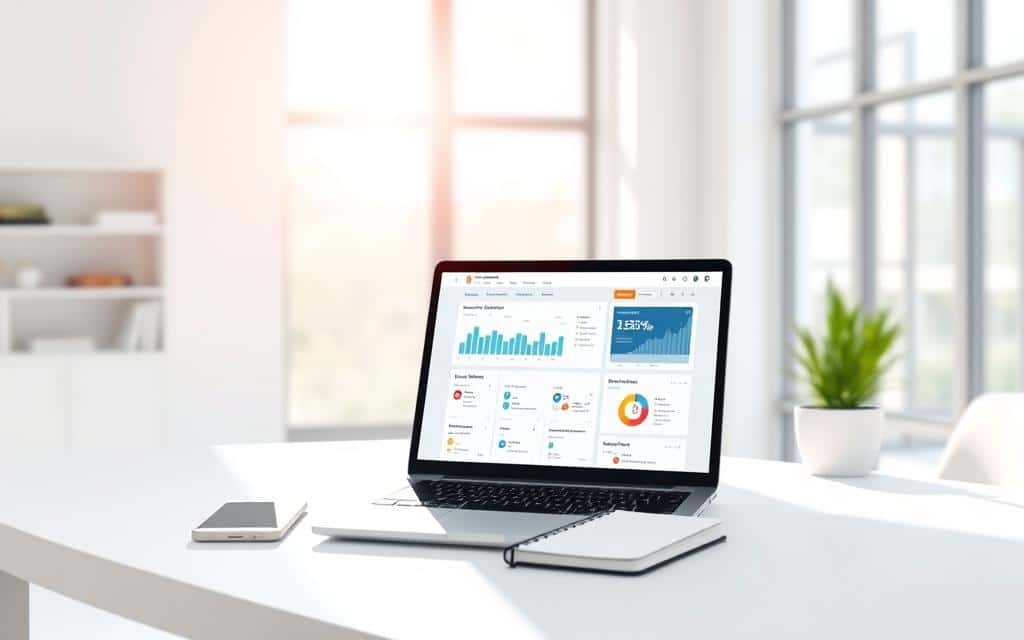 A minimalist office workspace with a laptop, smartphone, and notebook on a clean white desk. Sunlight streams in through large windows, casting soft natural lighting across the scene. The focal point is a social media dashboard displayed on the laptop screen, showcasing various analytics and listening tools. The background is blurred, emphasizing the technology and data-driven focus of "social media listening". The overall mood is one of efficiency, clarity, and a professional, analytical approach to understanding an audience. A minimalist office workspace with a laptop, smartphone, and notebook on a clean white desk. Sunlight streams in through large windows, casting soft natural lighting across the scene. The focal point is a social media dashboard displayed on the laptop screen, showcasing various analytics and listening tools. The background is blurred, emphasizing the technology and data-driven focus of "social media listening". The overall mood is one of efficiency, clarity, and a professional, analytical approach to understanding an audience.