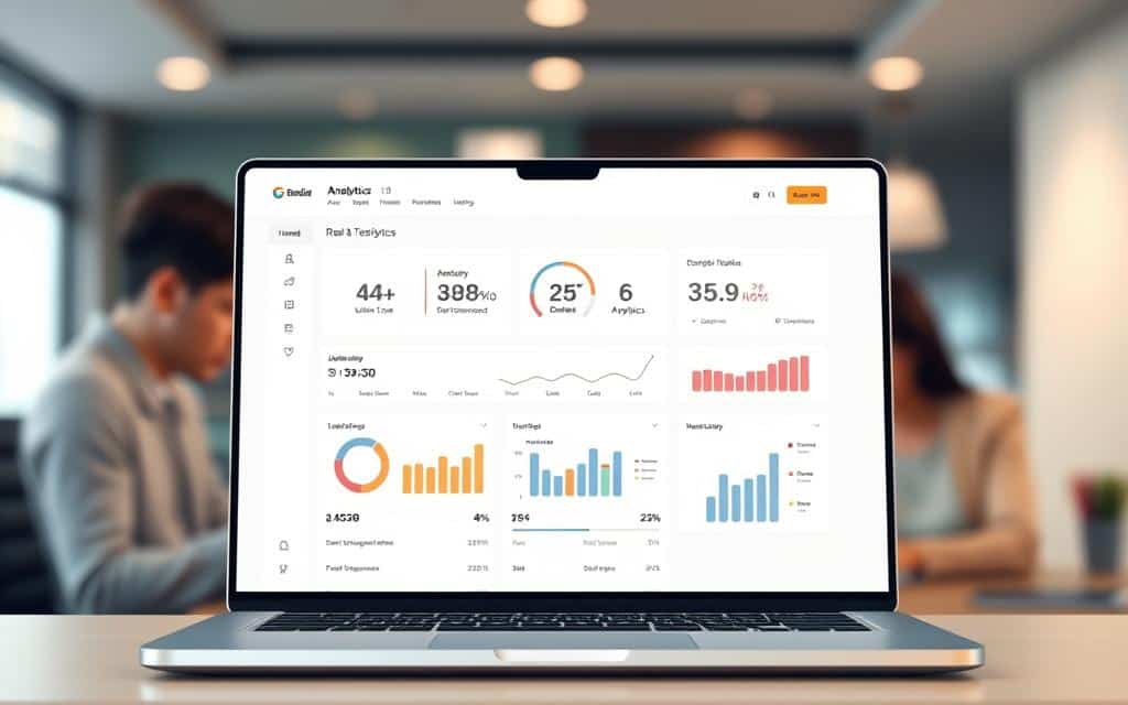 A modern, sleek landing page with an intuitive user interface, showcasing a dashboard displaying real-time analytics and A/B testing results. The page features a clean, minimalist design with ample whitespace, subtle gradients, and muted color palettes. In the foreground, a laptop screen displays various metrics and graphs, highlighting key performance indicators. The background features blurred, out-of-focus images of users interacting with the page, conveying the idea of real-world testing and data-driven optimization. The overall atmosphere is one of professionalism, efficiency, and a focus on data-driven decision-making.