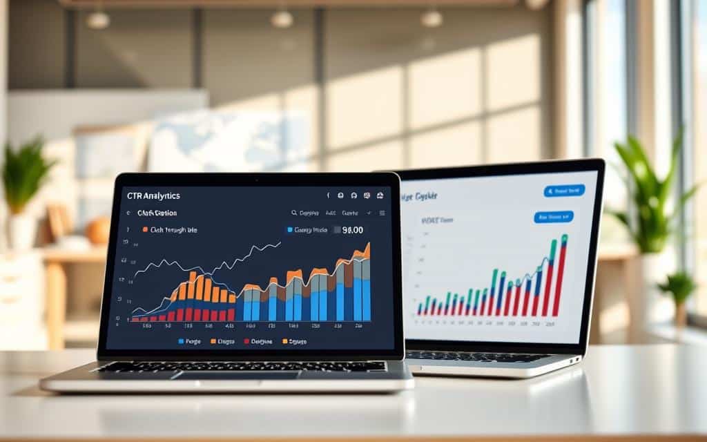 A professional graph showing a detailed analysis of website click-through rate (CTR) data. The foreground features a clean, interactive dashboard with dynamic charts and metrics. The middle ground showcases a laptop displaying the CTR analytics software, with a minimalist user interface. The background has a soft, blurred office environment with hints of productivity - a desk, chair, and office supplies. The lighting is natural, with warm tones creating a calm, focused atmosphere. The overall composition emphasizes the importance of accurately measuring and reporting CTR to improve website performance.