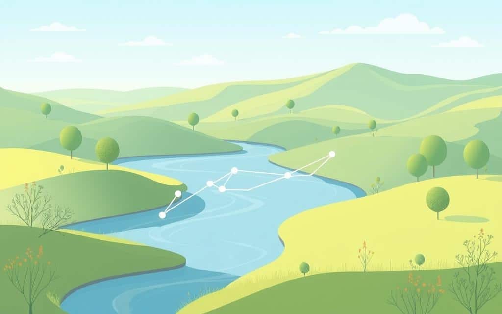 A serene data visualization landscape, illuminated by soft, diffused lighting. In the foreground, a stylized GA4 attribution model takes center stage, its interconnected paths and nodes conveying the complex relationships between marketing touchpoints. The middle ground features a flowing river of customer journey data, its currents weaving through the attribution model. In the distance, a rolling hillside of Google Analytics data visualizations provides a contextual backdrop. The overall mood is one of clarity, insight, and the harmonious integration of technology and human understanding. A serene data visualization landscape, illuminated by soft, diffused lighting. In the foreground, a stylized GA4 attribution model takes center stage, its interconnected paths and nodes conveying the complex relationships between marketing touchpoints. The middle ground features a flowing river of customer journey data, its currents weaving through the attribution model. In the distance, a rolling hillside of Google Analytics data visualizations provides a contextual backdrop. The overall mood is one of clarity, insight, and the harmonious integration of technology and human understanding.