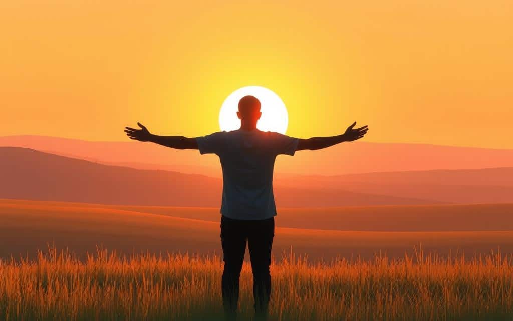 A serene landscape with a glowing sun on the horizon, its rays casting a warm, inviting glow across a peaceful meadow. In the foreground, a lone human figure stands with arms outstretched, their silhouette in stark contrast against the vibrant sky. The scene conveys a sense of inner reflection, stillness, and heightened awareness, inviting the viewer to pause and contemplate their own connection to the world around them. The lighting is soft and diffused, creating a dreamlike, ethereal atmosphere. The overall composition is balanced and uncluttered, allowing the central figure to take center stage and represent the concept of "awareness" in a visually striking and thoughtful manner. A serene landscape with a glowing sun on the horizon, its rays casting a warm, inviting glow across a peaceful meadow. In the foreground, a lone human figure stands with arms outstretched, their silhouette in stark contrast against the vibrant sky. The scene conveys a sense of inner reflection, stillness, and heightened awareness, inviting the viewer to pause and contemplate their own connection to the world around them. The lighting is soft and diffused, creating a dreamlike, ethereal atmosphere. The overall composition is balanced and uncluttered, allowing the central figure to take center stage and represent the concept of "awareness" in a visually striking and thoughtful manner.