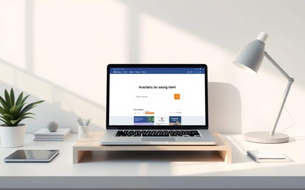 A serene, minimalist office setting with a well-designed landing page displayed on a laptop screen. The screen showcases a clean, visually appealing layout with a prominent headline that clearly matches the user's search intent. Soft, natural lighting illuminates the scene, creating a warm and inviting atmosphere. The laptop is positioned on a sleek, uncluttered desk, surrounded by a few thoughtfully placed accessories. The overall composition emphasizes the importance of a cohesive user journey and seamless message alignment between the landing page and the user's expectations.