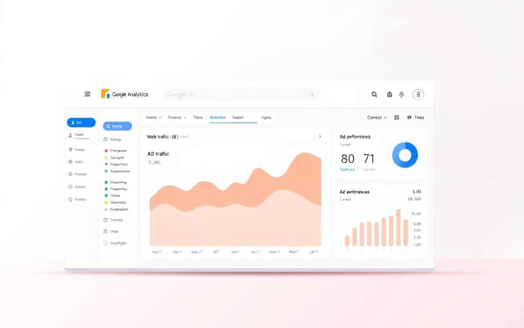 A sleek, minimalist illustration of the Google Analytics dashboard, showcasing its key metrics and insights. The foreground features a clean, modern interface with intuitive graphs and charts, highlighting web traffic, conversion rates, and ad performance data. The middle ground subtly blends in the Google Analytics branding, with the iconic blue and red color scheme. The background maintains a soft, blurred gradient, keeping the focus on the analytical tools. Lighting is gentle, with a touch of ambient illumination, creating a professional, data-driven atmosphere. The composition strikes a balance between functionality and aesthetics, reflecting the power of Google Analytics to measure ad results effectively. A sleek, minimalist illustration of the Google Analytics dashboard, showcasing its key metrics and insights. The foreground features a clean, modern interface with intuitive graphs and charts, highlighting web traffic, conversion rates, and ad performance data. The middle ground subtly blends in the Google Analytics branding, with the iconic blue and red color scheme. The background maintains a soft, blurred gradient, keeping the focus on the analytical tools. Lighting is gentle, with a touch of ambient illumination, creating a professional, data-driven atmosphere. The composition strikes a balance between functionality and aesthetics, reflecting the power of Google Analytics to measure ad results effectively.