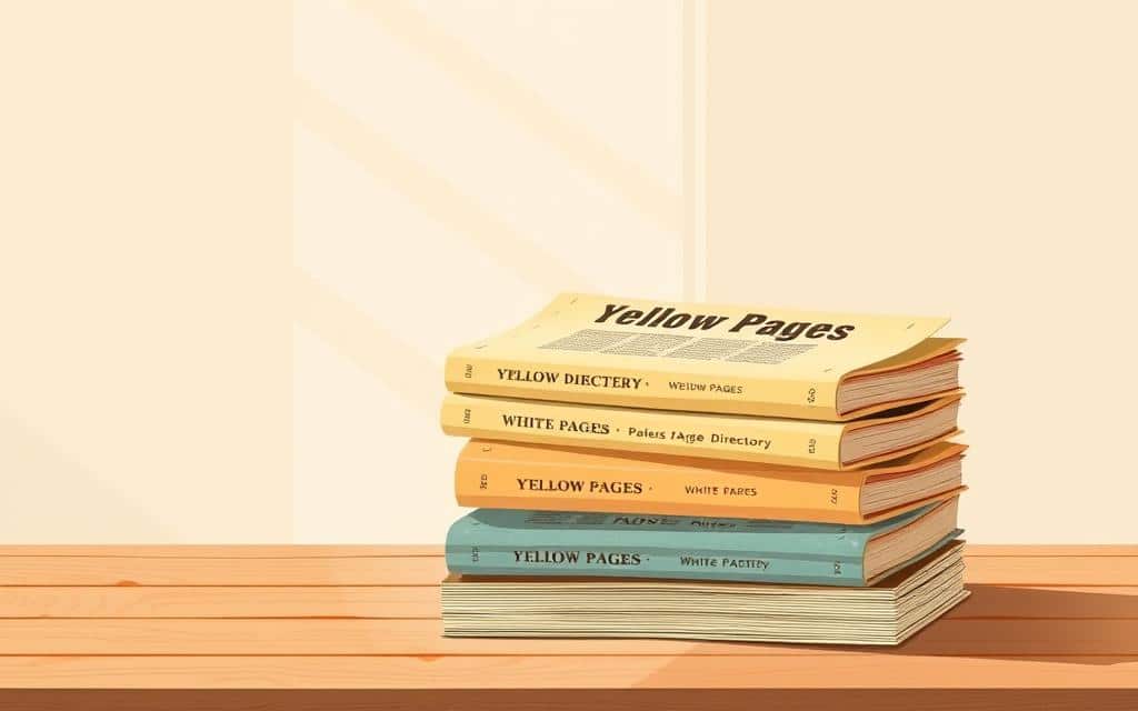 A stack of aged, weathered Yellow Pages and White Pages directories, their pages slightly curled and discolored, sit atop a plain wooden table. Soft, natural light filters in from a nearby window, casting a warm, nostalgic glow over the scene. The directories are the sole focus, their worn covers and bindings conveying a sense of timeless utility. The background is minimalist, allowing the directories to take center stage and evoke a feeling of simplicity and practicality. A stack of aged, weathered Yellow Pages and White Pages directories, their pages slightly curled and discolored, sit atop a plain wooden table. Soft, natural light filters in from a nearby window, casting a warm, nostalgic glow over the scene. The directories are the sole focus, their worn covers and bindings conveying a sense of timeless utility. The background is minimalist, allowing the directories to take center stage and evoke a feeling of simplicity and practicality.