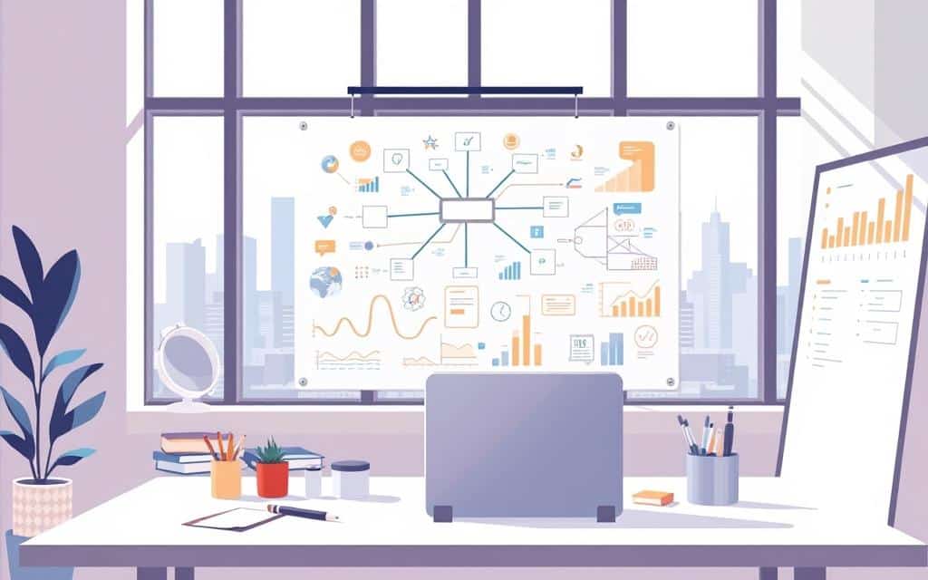 A workspace filled with charts, graphs, and visualizations, illuminated by soft, diffused lighting from large windows. The foreground features a clean, minimalist desk with a laptop, stylus, and various stationery items. In the middle ground, a large whiteboard displays a mind map of interconnected data points, while the background showcases a city skyline through the windows, creating a sense of scale and context. The overall atmosphere is one of focus, clarity, and a deep understanding of the data at hand. A workspace filled with charts, graphs, and visualizations, illuminated by soft, diffused lighting from large windows. The foreground features a clean, minimalist desk with a laptop, stylus, and various stationery items. In the middle ground, a large whiteboard displays a mind map of interconnected data points, while the background showcases a city skyline through the windows, creating a sense of scale and context. The overall atmosphere is one of focus, clarity, and a deep understanding of the data at hand.