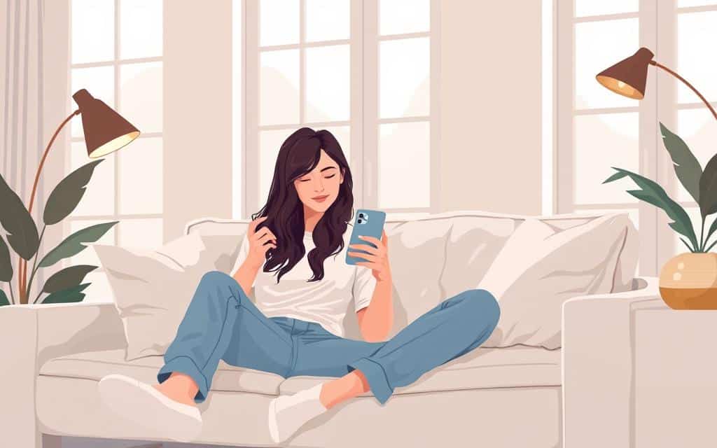 A young Gen Z influencer, casually seated on a modern couch, intently scrolling through a smartphone, surrounded by a minimalist, light-filled living room. Soft, muted tones create a calming, authentic atmosphere. The scene conveys a mobile-first, content-creation mindset, with the influencer capturing candid moments for their social media channels. Elegant, natural lighting from large windows subtly accentuates the subject, while the clean, uncluttered background allows the viewer to focus on the core activity of generating engaging, relatable social media content. A young Gen Z influencer, casually seated on a modern couch, intently scrolling through a smartphone, surrounded by a minimalist, light-filled living room. Soft, muted tones create a calming, authentic atmosphere. The scene conveys a mobile-first, content-creation mindset, with the influencer capturing candid moments for their social media channels. Elegant, natural lighting from large windows subtly accentuates the subject, while the clean, uncluttered background allows the viewer to focus on the core activity of generating engaging, relatable social media content.