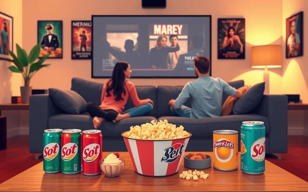 A cinematic scene set inside a cozy, modern living room, featuring two friends watching a movie together on a large screen. In the foreground, a stylish coffee table is adorned with popular snack brands, creating a subtle product placement effect. A bowl of colorful popcorn is prominently displayed alongside soft drink cans and a stylish dessert. The middle ground showcases the friends sitting comfortably on a plush sofa, dressed in casual, trendy clothing, fully engaged in the film. The background features a warm, inviting ambiance with soft lighting casting a glow on the walls adorned with movie posters. The overall mood is casual yet attentive, highlighting how products blend seamlessly into the storytelling experience. Shot with a slightly low angle and soft focus to emphasize the products while keeping the scene intimate.