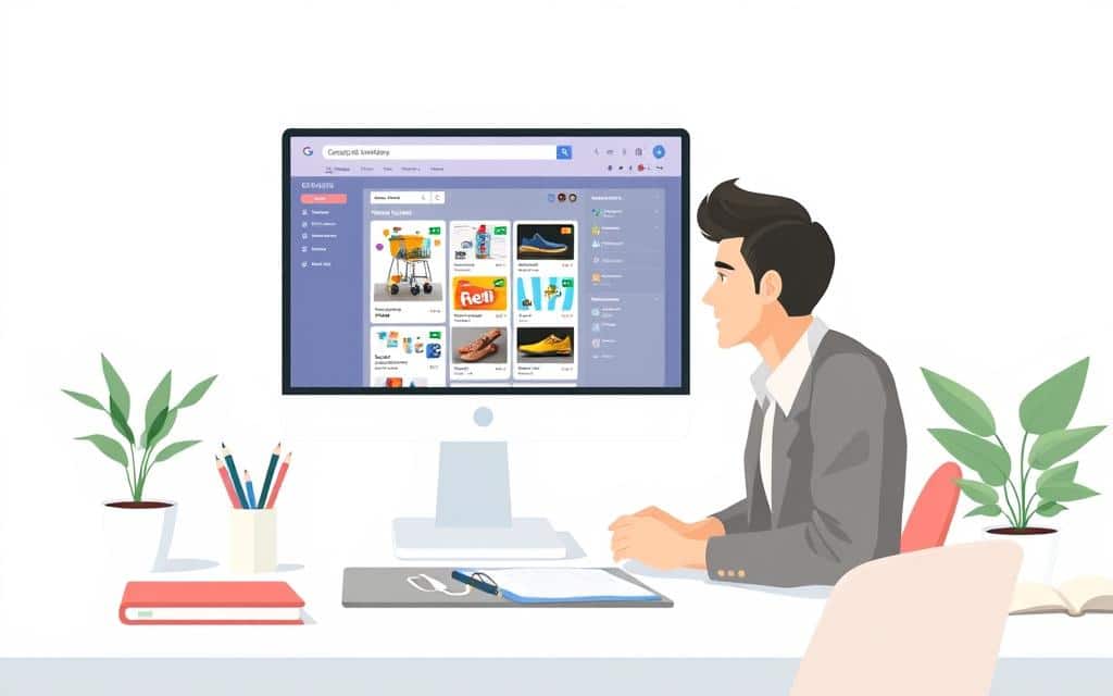 A clean, modern workspace featuring a computer screen displaying a vibrant product feed from Google Shopping. In the foreground, a professional individual in smart casual attire analyzes data on the screen, with a focused expression. The middle ground includes neatly arranged office supplies, a notebook, and a plant to suggest an organized environment. In the background, soft natural light filters through a window, casting gentle shadows that enhance the ambiance. The overall mood is optimistic and proactive, emphasizing ongoing optimization in digital advertising. Soft colors create a tranquil yet engaging atmosphere, highlighting the professionalism of the setting without any distractions. No text or clutter present in the image. A clean, modern workspace featuring a computer screen displaying a vibrant product feed from Google Shopping. In the foreground, a professional individual in smart casual attire analyzes data on the screen, with a focused expression. The middle ground includes neatly arranged office supplies, a notebook, and a plant to suggest an organized environment. In the background, soft natural light filters through a window, casting gentle shadows that enhance the ambiance. The overall mood is optimistic and proactive, emphasizing ongoing optimization in digital advertising. Soft colors create a tranquil yet engaging atmosphere, highlighting the professionalism of the setting without any distractions. No text or clutter present in the image.