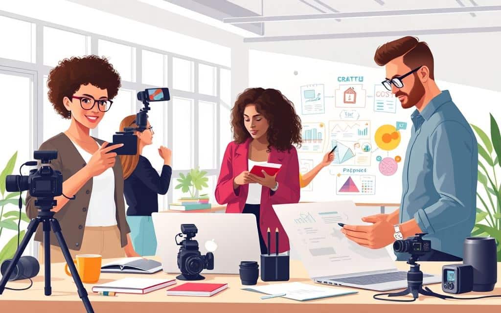 A group of diverse creators collaborating in a bright, modern workspace, surrounded by cameras, laptops, and colorful marketing materials. In the foreground, a young woman with curly hair in a smart casual outfit is filming a short video on her phone, while a man with glasses and a professional shirt reviews analytics on a laptop. The middle ground features a woman sketching ideas on a notepad, and a man brainstorming with a whiteboard filled with colorful creative concepts. The background opens up to large windows letting in soft, natural light, enhancing a productive and inspiring atmosphere. The scene embodies a sense of teamwork, creativity, and innovation, ideal for small businesses looking to partner with creators. A group of diverse creators collaborating in a bright, modern workspace, surrounded by cameras, laptops, and colorful marketing materials. In the foreground, a young woman with curly hair in a smart casual outfit is filming a short video on her phone, while a man with glasses and a professional shirt reviews analytics on a laptop. The middle ground features a woman sketching ideas on a notepad, and a man brainstorming with a whiteboard filled with colorful creative concepts. The background opens up to large windows letting in soft, natural light, enhancing a productive and inspiring atmosphere. The scene embodies a sense of teamwork, creativity, and innovation, ideal for small businesses looking to partner with creators.