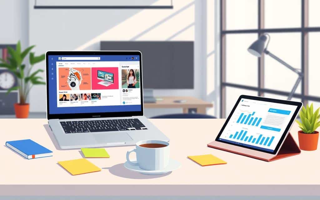 A modern digital workspace showcasing various ad creative formats designed for a Facebook ad campaign. In the foreground, display a sleek laptop screen featuring vibrant displayed ads in carousel format, with visually appealing product images and engaging graphics. In the middle, include a clean desktop with colorful sticky notes, a cup of coffee, and a tablet showing analytics. The background should feature a stylish office environment with soft natural lighting coming from a large window, casting gentle shadows. The mood is professional yet creative, emphasizing innovation and strategy. Ensure no text or clutter is present, focusing on clarity and aesthetic appeal. Soft pastel colors should dominate the scene for a calming effect. A modern digital workspace showcasing various ad creative formats designed for a Facebook ad campaign. In the foreground, display a sleek laptop screen featuring vibrant displayed ads in carousel format, with visually appealing product images and engaging graphics. In the middle, include a clean desktop with colorful sticky notes, a cup of coffee, and a tablet showing analytics. The background should feature a stylish office environment with soft natural lighting coming from a large window, casting gentle shadows. The mood is professional yet creative, emphasizing innovation and strategy. Ensure no text or clutter is present, focusing on clarity and aesthetic appeal. Soft pastel colors should dominate the scene for a calming effect.
