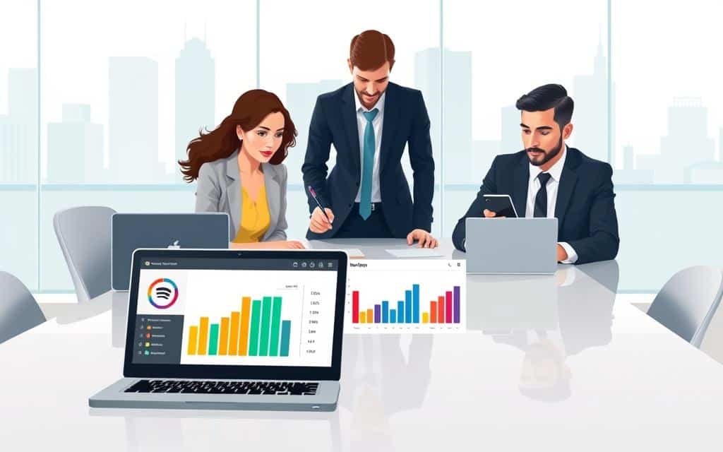 A modern office environment where a diverse group of professionals is gathered around a sleek conference table, analyzing performance tracking ads on laptops and tablets. The foreground features an open laptop displaying colorful graphs and performance metrics related to Spotify advertising. In the middle, a focused woman in business attire highlights a bar chart with a stylus, while a man in a smart casual outfit takes notes. The background shows a glass wall with a city skyline, enhancing the professional atmosphere. The lighting is bright and natural, coming from large windows, creating a vibrant and optimistic mood. The color palette is soft and coordinated, ensuring a clean and uncluttered composition that emphasizes collaboration and data-driven decision-making.
