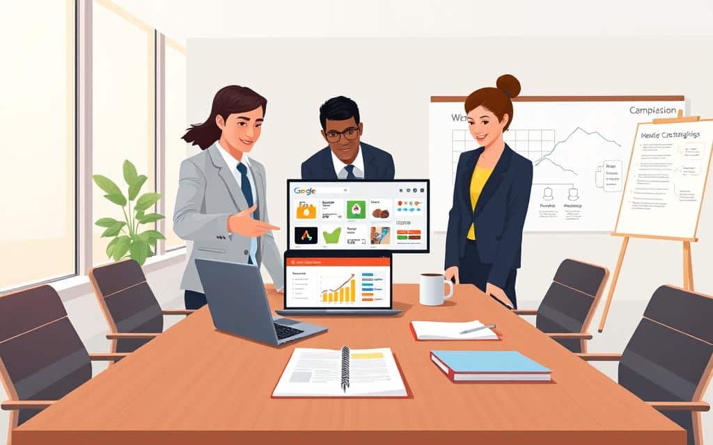 A modern office setting with a professional atmosphere, featuring a diverse group of three individuals in business attire collaborating over a laptop. In the foreground, one person gestures towards the screen, displaying a colorful Google Shopping campaign dashboard filled with product images and metrics. In the middle, an elegant wooden conference table holds a variety of marketing materials and a notepad with brainstorming ideas. The background showcases large windows with soft, natural light pouring in, illuminating the room, and a whiteboard filled with campaign strategies. The mood is focused and productive, emphasizing teamwork and innovation in digital marketing. The overall color scheme is soft and inviting, promoting a sense of collaboration without visual clutter. A modern office setting with a professional atmosphere, featuring a diverse group of three individuals in business attire collaborating over a laptop. In the foreground, one person gestures towards the screen, displaying a colorful Google Shopping campaign dashboard filled with product images and metrics. In the middle, an elegant wooden conference table holds a variety of marketing materials and a notepad with brainstorming ideas. The background showcases large windows with soft, natural light pouring in, illuminating the room, and a whiteboard filled with campaign strategies. The mood is focused and productive, emphasizing teamwork and innovation in digital marketing. The overall color scheme is soft and inviting, promoting a sense of collaboration without visual clutter.