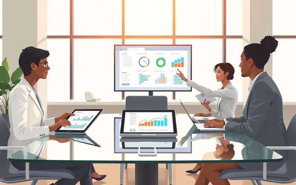 A polished office environment with a clear glass table in the foreground featuring charts and graphs on digital tablets. A diverse group of three professionals in smart business attire are engaged in discussion, analyzing data and pointing towards a screen displaying different campaign objectives. Soft, natural light streams through large windows in the background, casting a warm glow and creating a focused atmosphere. The middle ground showcases a modern digital setup with laptops and notes, emphasizing strategy and collaboration. The overall mood is productive and insightful, highlighting teamwork in selecting the right campaign objectives for advertising success. Colors are soft and themes of clarity and purpose dominate the composition, ensuring clear subject focus. A polished office environment with a clear glass table in the foreground featuring charts and graphs on digital tablets. A diverse group of three professionals in smart business attire are engaged in discussion, analyzing data and pointing towards a screen displaying different campaign objectives. Soft, natural light streams through large windows in the background, casting a warm glow and creating a focused atmosphere. The middle ground showcases a modern digital setup with laptops and notes, emphasizing strategy and collaboration. The overall mood is productive and insightful, highlighting teamwork in selecting the right campaign objectives for advertising success. Colors are soft and themes of clarity and purpose dominate the composition, ensuring clear subject focus.