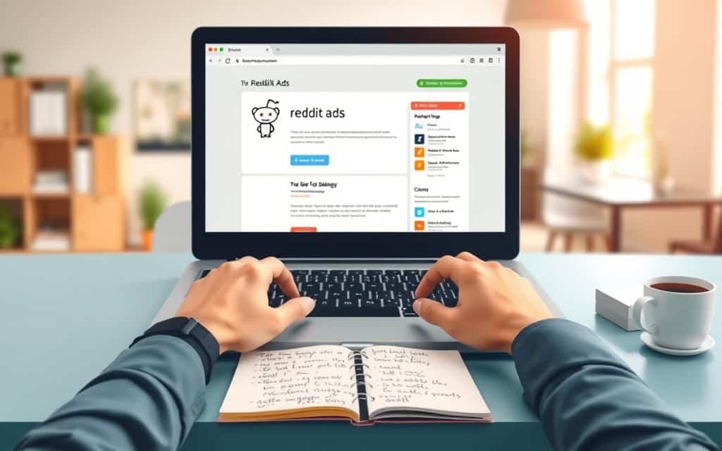 A professional, welcoming workspace featuring a computer screen displaying the Reddit Ads interface. In the foreground, a laptop keyboard with hands of a person in smart casual attire, focused on navigating the interface. In the middle ground, a notepad with handwritten notes about Reddit advertising strategies and tips, with a cup of coffee on the side. The background shows a blurred office environment with soft natural lighting coming through a window, emphasizing a productive atmosphere. The color palette is warm and inviting, with soft blues and greens to create a relaxed yet professional vibe. The overall mood conveys clarity and motivation for beginners eager to learn about Reddit ads.