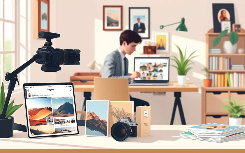 A serene workspace featuring a professional photographer's desk adorned with a high-quality camera, a laptop displaying an Instagram feed, and a beautifully arranged portfolio of vibrant photos and videos. In the foreground, soft natural light filters through a nearby window, illuminating a selection of colorful prints leaning against a stylish shelf. In the middle ground, a person dressed in smart casual attire is engaged in editing photos on the laptop, showcasing a creative and focused atmosphere. The background includes tasteful decorations, such as plants and art books, enhancing the artistic vibe. The overall mood is inviting and inspiring, emphasizing creativity, planning, and artistry in visual marketing.