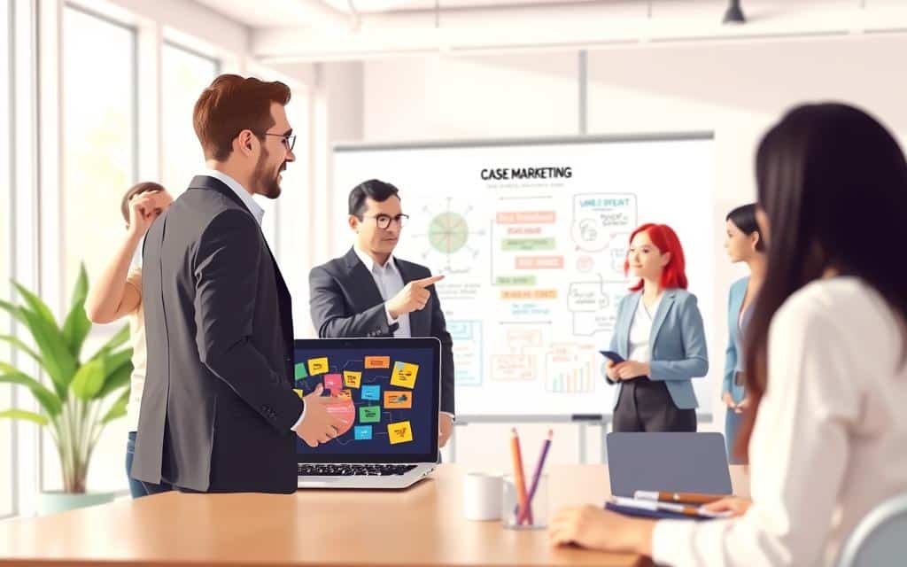 A vibrant, modern office setting with a diverse group of professionals engaged in a brainstorming session about cause marketing. In the foreground, two individuals are discussing ideas, one pointing at a laptop displaying a colorful infographic related to social causes. In the middle, a whiteboard is filled with sketches and notes about brand awareness and community impact. The background features large windows with soft natural light flooding in, creating an uplifting atmosphere. The scene should convey enthusiasm and collaboration, with all human subjects dressed in professional business attire. Use a soft color palette to enhance the positive and inspirational mood. The image should have a slight depth of field effect, emphasizing the interaction in the foreground while subtly blurring the background.