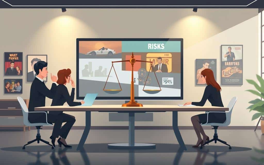 A visually engaging composition illustrating the balance of benefits and risks of product placement in movies and TV shows. In the foreground, a modern conference table surrounded by four professionals dressed in business attire, animatedly discussing and analyzing a large screen displaying nostalgic movie scenes featuring subtle brand placements. In the middle, balanced scales symbolizing benefits on one side (like increased brand visibility and audience engagement) and risks on the other (like negative viewer reception and brand dilution). In the background, a softly lit office setting with film posters, highlighting iconic movies with known product placements. The overall mood is professional and thoughtful, evoking a sense of strategic decision-making in an artistic, modern environment, captured with a slight depth of field for clarity.