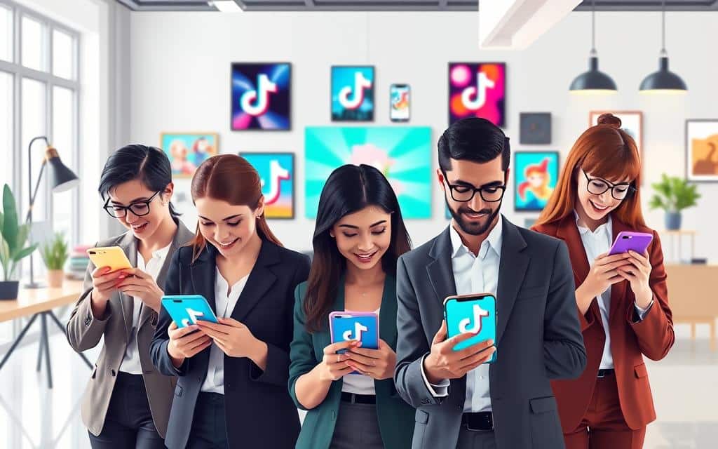 A visually engaging digital ad scene depicting various eye-catching TikTok ads displayed on smartphone screens. In the foreground, a diverse group of small business owners in professional attire examines their phones, showcasing expressions of fascination and inspiration. The middle ground features vibrant smartphone screens displaying creative and dynamic ads with vibrant colors, capturing the essence of TikTok’s youthful energy. Soft, diffused lighting enhances the atmosphere, creating a friendly, inviting feel. In the background, a stylish, modern workspace is visible, adorned with minimalistic decor that emphasizes creativity and innovation. The composition conveys a sense of excitement and motivation, inviting viewers to explore how attention-grabbing ads can resonate with audiences. A visually engaging digital ad scene depicting various eye-catching TikTok ads displayed on smartphone screens. In the foreground, a diverse group of small business owners in professional attire examines their phones, showcasing expressions of fascination and inspiration. The middle ground features vibrant smartphone screens displaying creative and dynamic ads with vibrant colors, capturing the essence of TikTok’s youthful energy. Soft, diffused lighting enhances the atmosphere, creating a friendly, inviting feel. In the background, a stylish, modern workspace is visible, adorned with minimalistic decor that emphasizes creativity and innovation. The composition conveys a sense of excitement and motivation, inviting viewers to explore how attention-grabbing ads can resonate with audiences.
