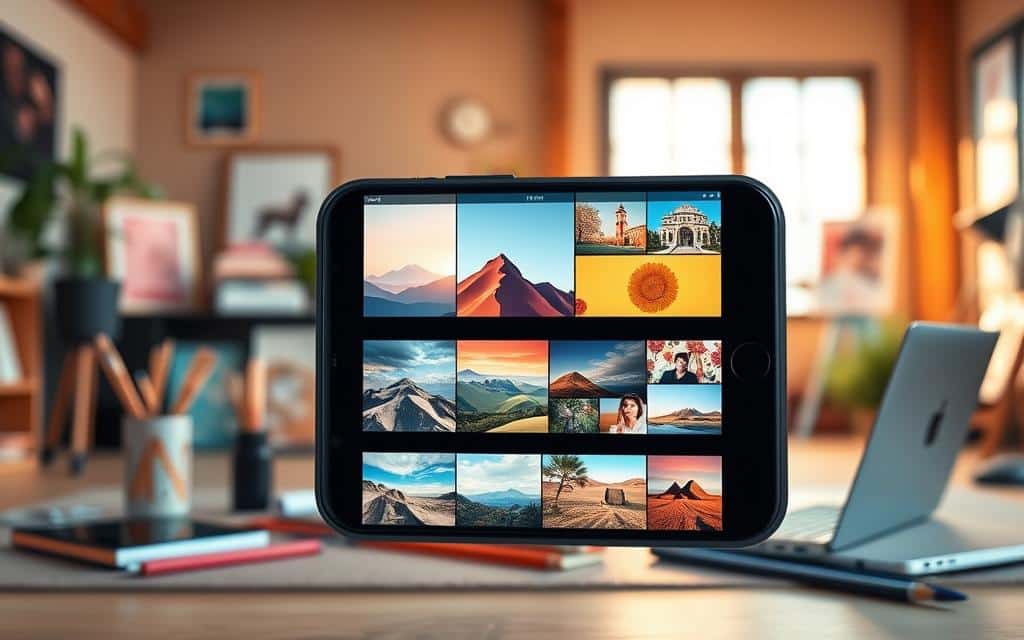 A visually engaging digital collage of video reel images showcasing diverse photography styles and artistic expressions. In the foreground, a smartphone displays a vertical Instagram feed, filled with vibrant and eye-catching images, rich in color and detail. The reel features photographs of landscapes, portraits, and abstract art, all arranged harmoniously to create a sense of flow. In the middle ground, soft-focus elements include art supplies and a laptop, hinting at creative processes. The background features a warm, inviting studio setting with natural light streaming in through a large window, casting gentle shadows. The overall mood should evoke inspiration and creativity, making it feel native and relatable to the Instagram platform.